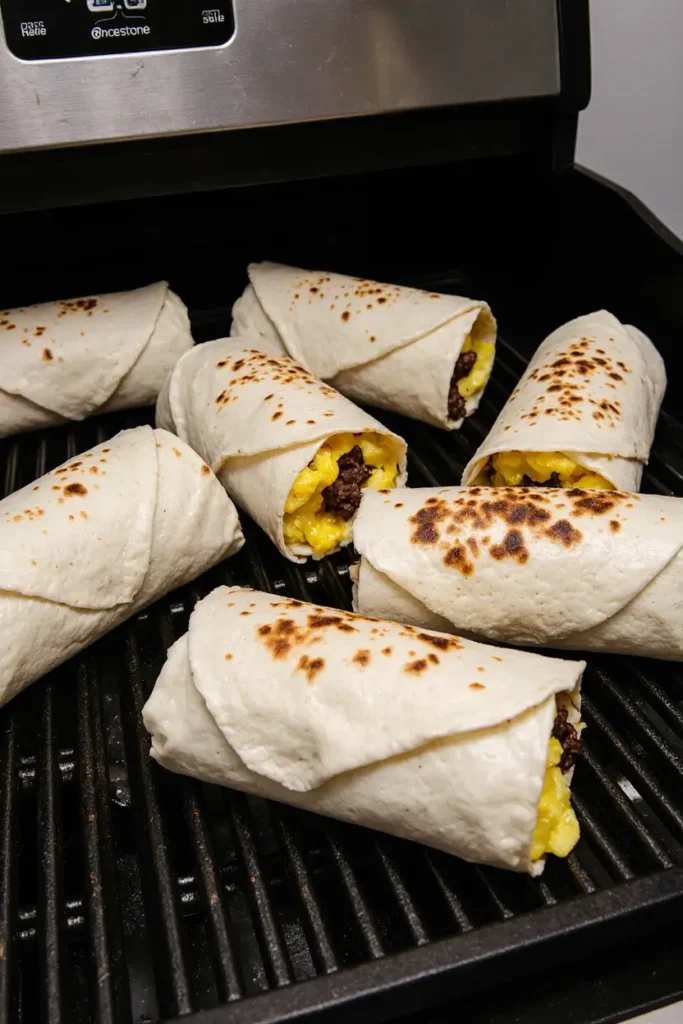 Several breakfast burritos grilling seam-side down on a Blackstone griddle until the tortillas are lightly crispy.