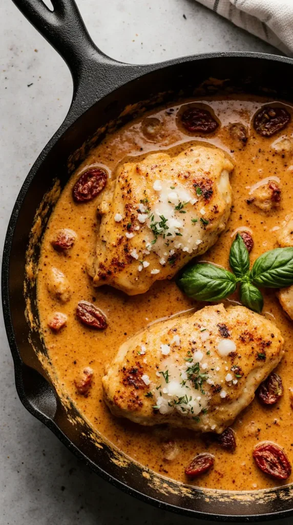 The viral "Marry Me" Chicken dish featuring tender chicken breasts in a creamy sun-dried tomato and Parmesan sauce chicken breast recipes for dinner.