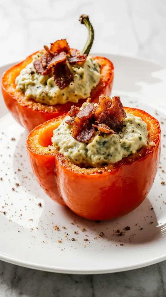 Close-up of keto avocado "toast" made with bell pepper halves, mashed avocado, and crispy bacon.
