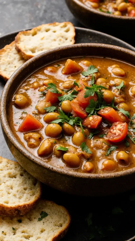 A rustic bowl of classic Ful Medames, garnished with fresh parsley, tomatoes, and a drizzle of extra virgin olive oil.