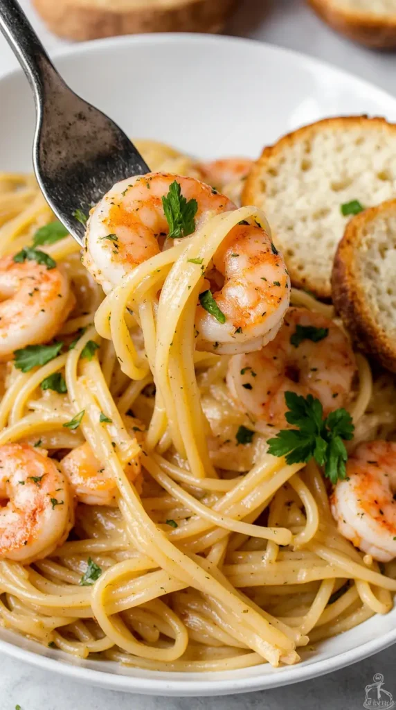 A close-up serving of classic garlic butter shrimp scampi with linguine, fresh parsley, and a side of crusty bread.