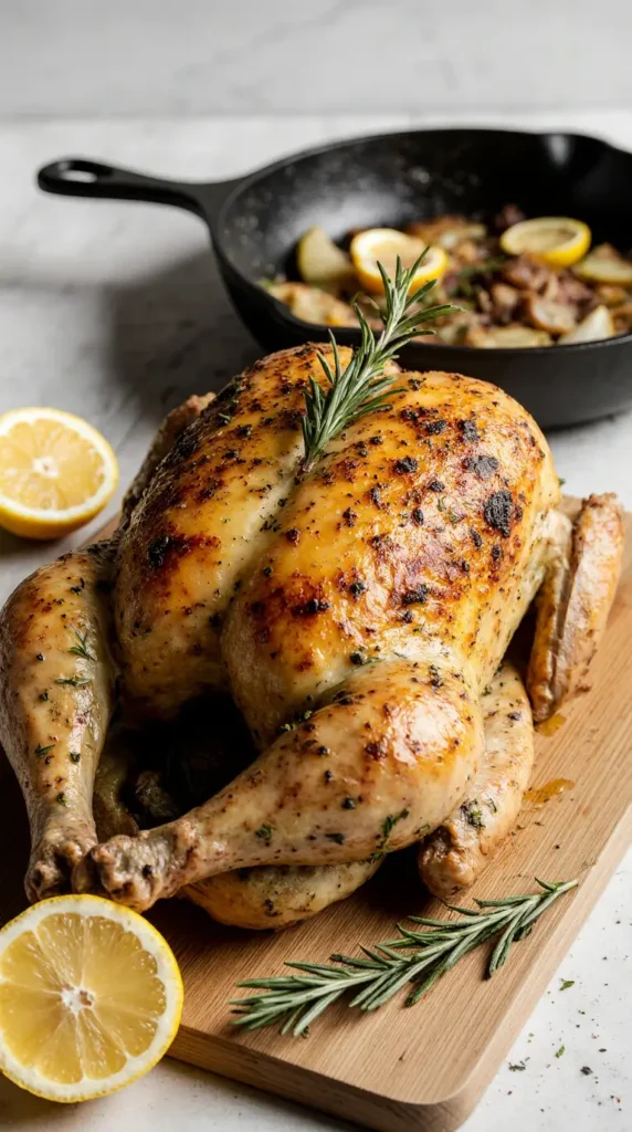 Classic lemon herb roasted chicken with crispy golden skin resting on a cutting board.