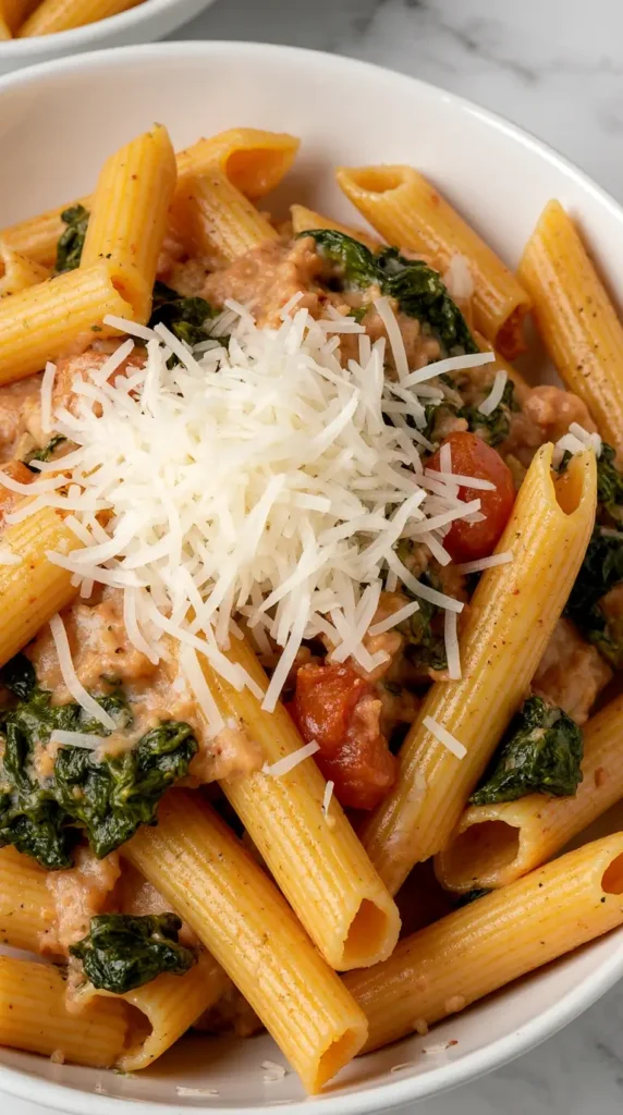 A close-up, photorealistic shot of a bowl of creamy tomato and spinach penne pasta, topped with parmesan cheese.