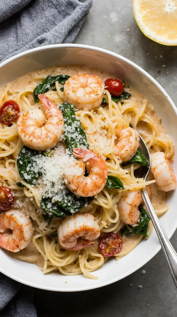 A bowl of creamy Tuscan shrimp pasta with penne, sun-dried tomatoes, spinach, and grated Parmesan cheese.