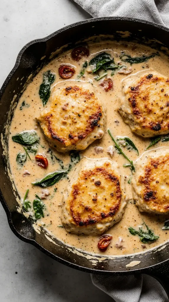 Creamy Tuscan chicken with sun-dried tomatoes and spinach in a skillet.