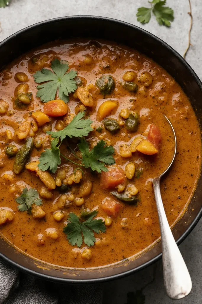A creamy and delicious bowl of vegan lentil and vegetable curry with fresh cilantro.