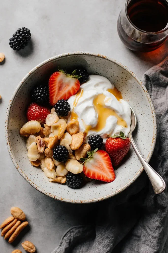A photorealistic creative breakfast bowl with Greek yogurt, fresh fruit, nuts, and a honey drizzle.