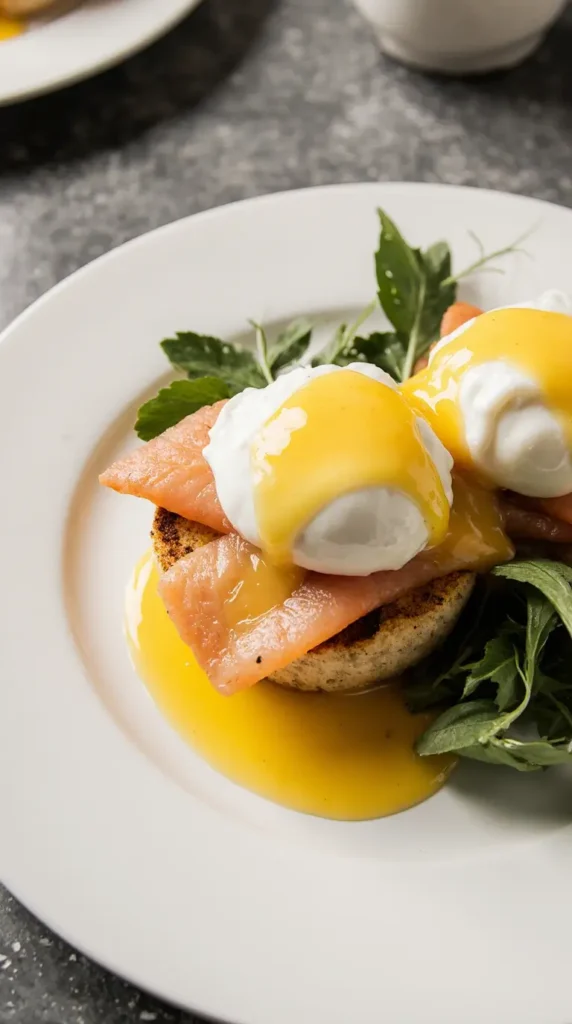 A gourmet presentation of Salmon Eggs Benedict with poached eggs over smoked salmon on toasted English muffins.
