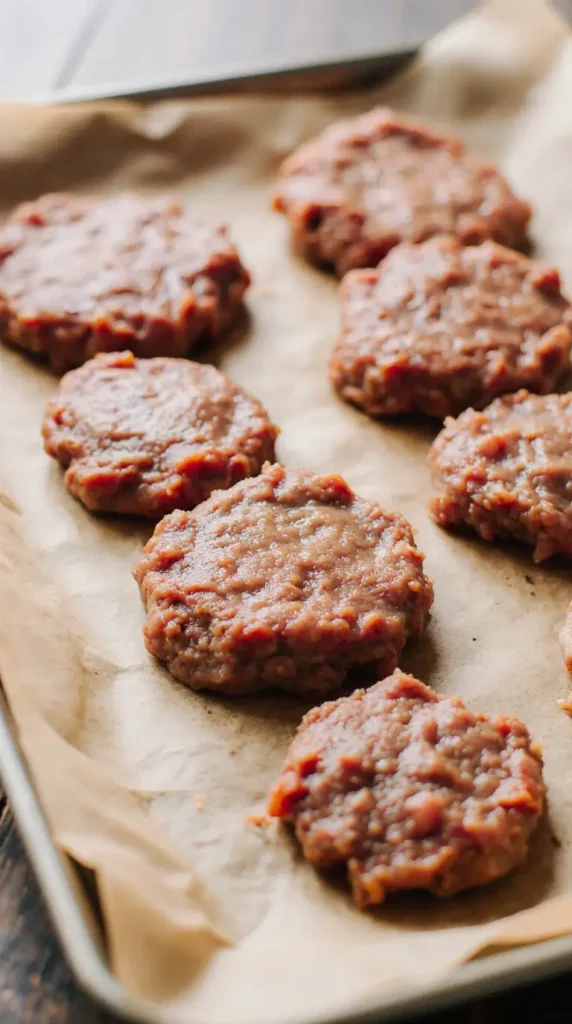A photorealistic image of uncooked sausage patties on a baking sheet, ready for freezing, illustrating a make-ahead breakfast tip.