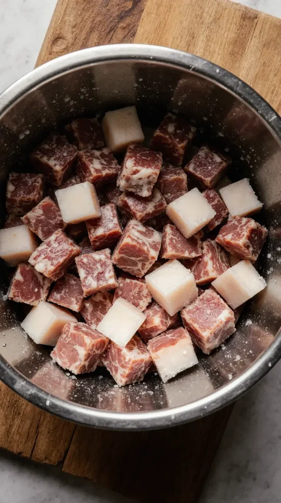 Cubed lean venison meat and pork fatback in a bowl, showing the 80/20 ratio for making juicy sausage.