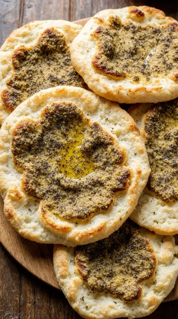Freshly baked Mana'eesh Za'atar flatbreads with a fragrant thyme and olive oil topping on a wooden board.