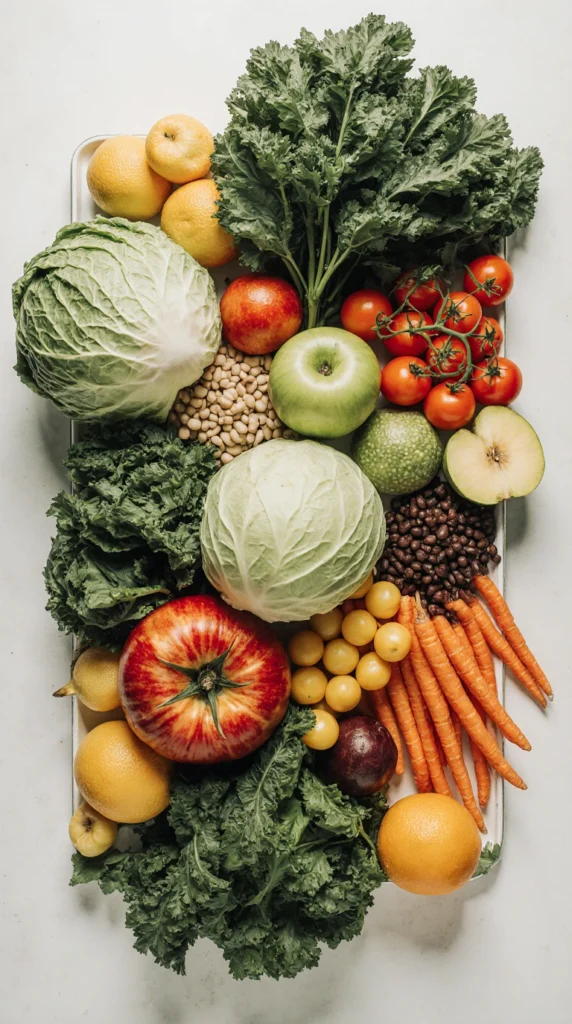 A colorful arrangement of fresh fruits and vegetables, representing the daily food groups for the cabbage soup diet plan.