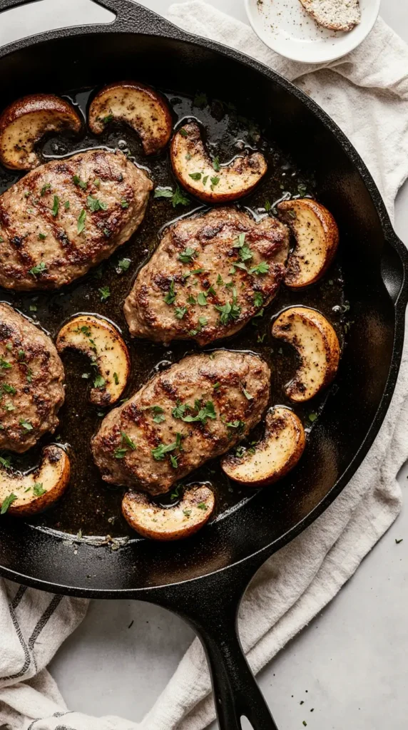 A photorealistic image of a one-pan carnivore meal with steaks and mushrooms sizzling in a cast-iron skillet.