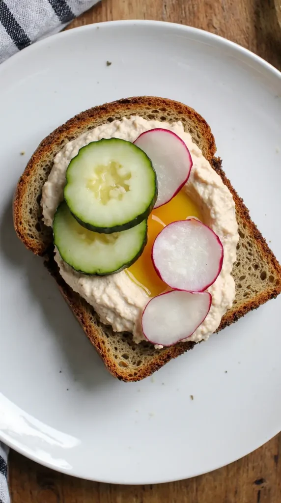 A refreshing and healthy breakfast of whole-grain toast topped with creamy hummus, crisp cucumber, and radish slices.