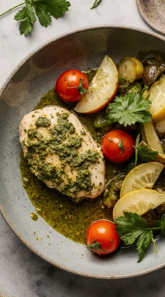  A close-up of pesto chicken and colorful vegetables, a prime example of quick and Easy Recipes for Dinner.