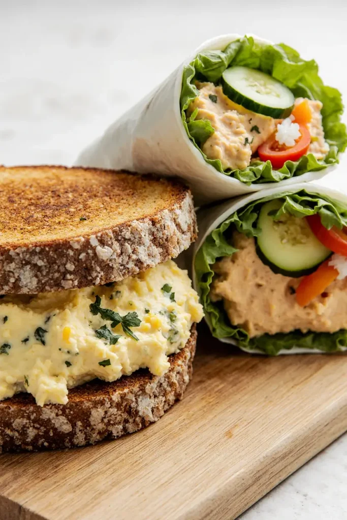 An egg salad sandwich on whole-grain bread next to a hummus and fresh veggie wrap.