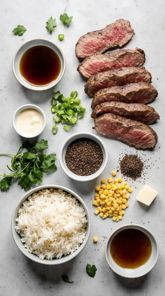 A flat lay photorealistic image of the essential ingredients for pepper lunch: sliced beef, rice, corn, scallions, butter, pepper, and sauce ingredients.