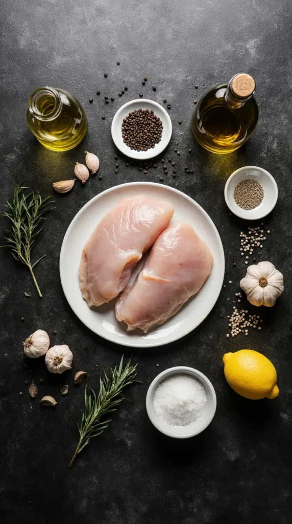 Essential ingredients for chicken dinners, including quality chicken breasts, olive oil, fresh herbs, garlic, and seasonings.