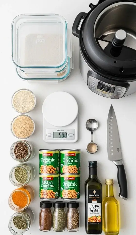 Essential healthy lunch recipes meal prep tools including glass containers, a kitchen scale, and key pantry ingredients on a kitchen counter.