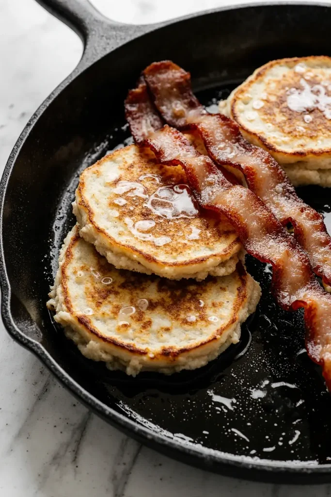 Crispy, thick-cut bacon cooking on a griddle alongside fluffy pancakes that have bubbles forming on top.