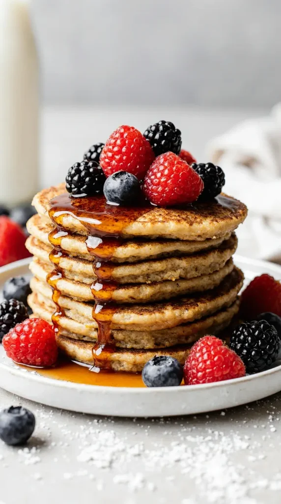  A stack of fluffy keto pancakes made with almond flour, topped with fresh mixed berries and syrup.
