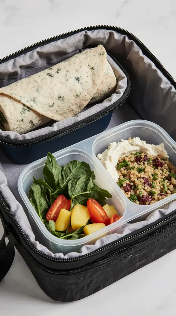  Portable lunches including a Mediterranean wrap and a bento box with a quinoa bowl packed in an insulated bag.