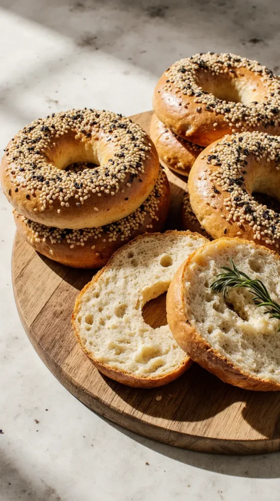 Freshly baked artisanal sourdough breads, including bagels with seeds, English muffins with nooks, and a slice of herb focaccia.