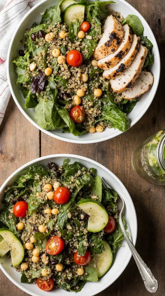  An overhead view of a healthy quinoa power bowl with grilled chicken next to a layered Mason jar salad.
