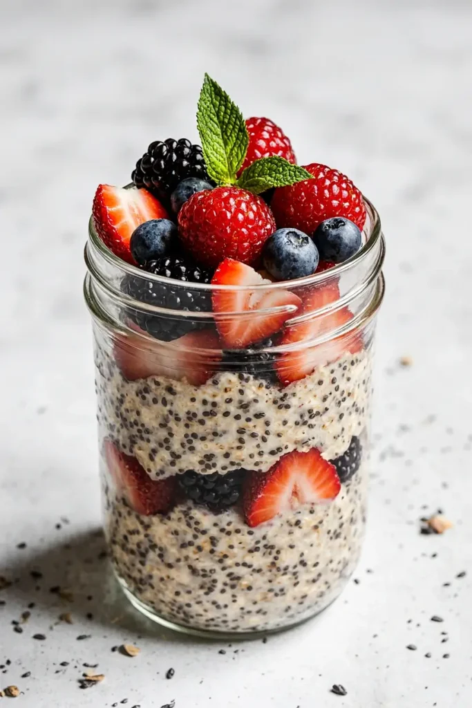 A close-up photorealistic image of Berry Bliss overnight oats in a glass jar, topped with fresh mixed berries.