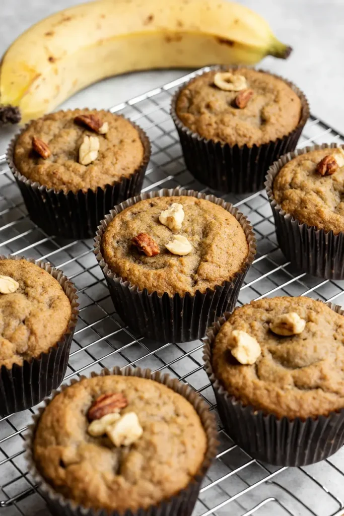 Freshly baked healthy breakfast muffins with banana, oats, and nuts cooling on a wire rack.