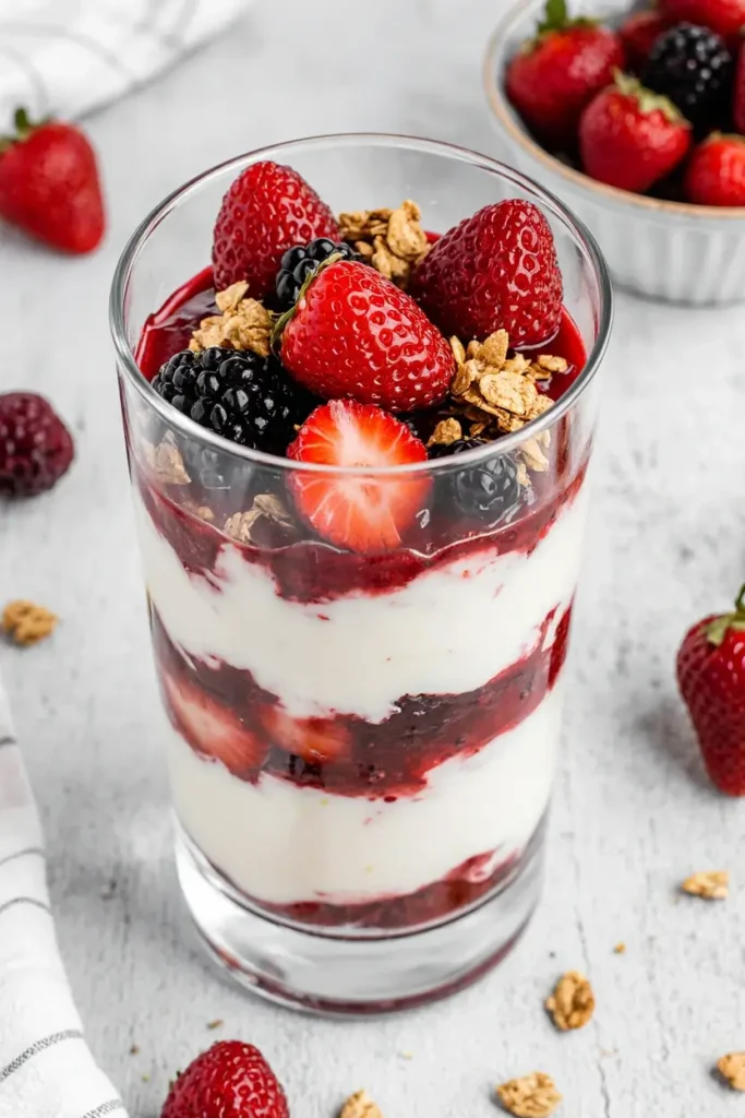  A tall glass filled with layers of Greek yogurt, fresh red berries, and crunchy granola in a bright kitchen.