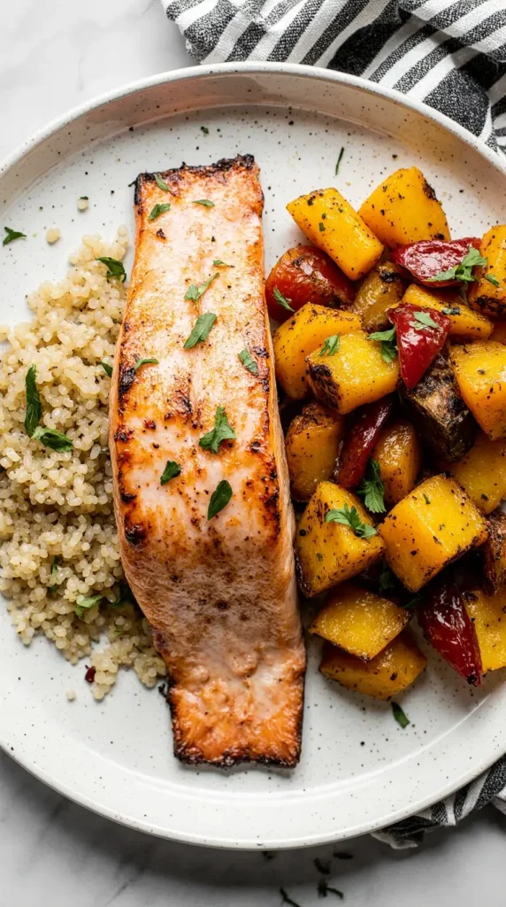 Healthy anti inflammatory diet recipes spread on a clean countertop with grilled chicken, olive oil, and vegetables.