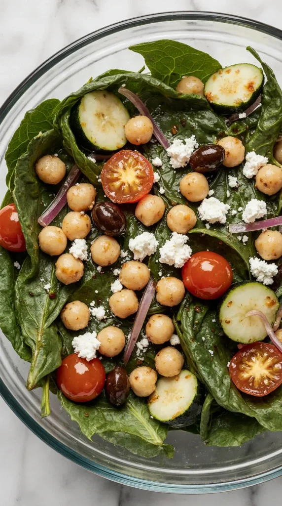 A photorealistic image of a chickpea and spinach salad in a large glass bowl with tomatoes, cucumbers, feta, and olives.