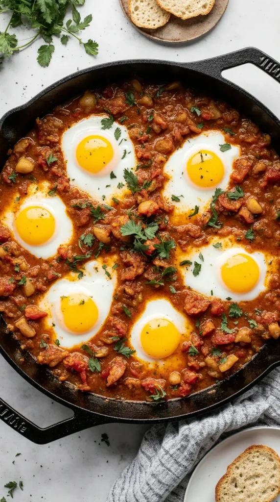 A top-down view of hearty Shakshuka in a skillet, with eggs poached in a rich tomato and bell pepper sauce.
