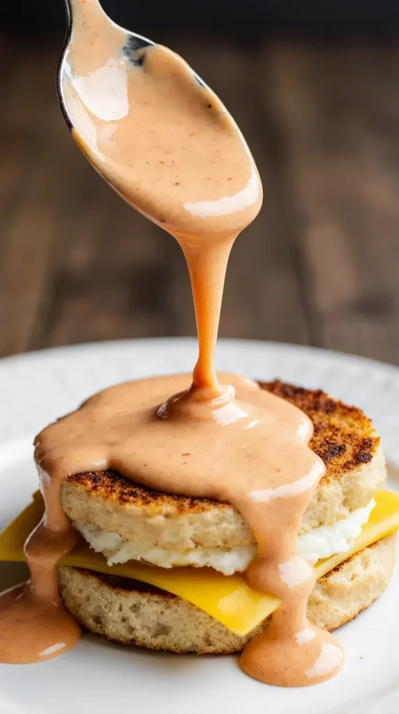 Overhead view of McDonalds-style breakfast sauce next to cracked eggs, mayo, mustard, and lemon on a countertop