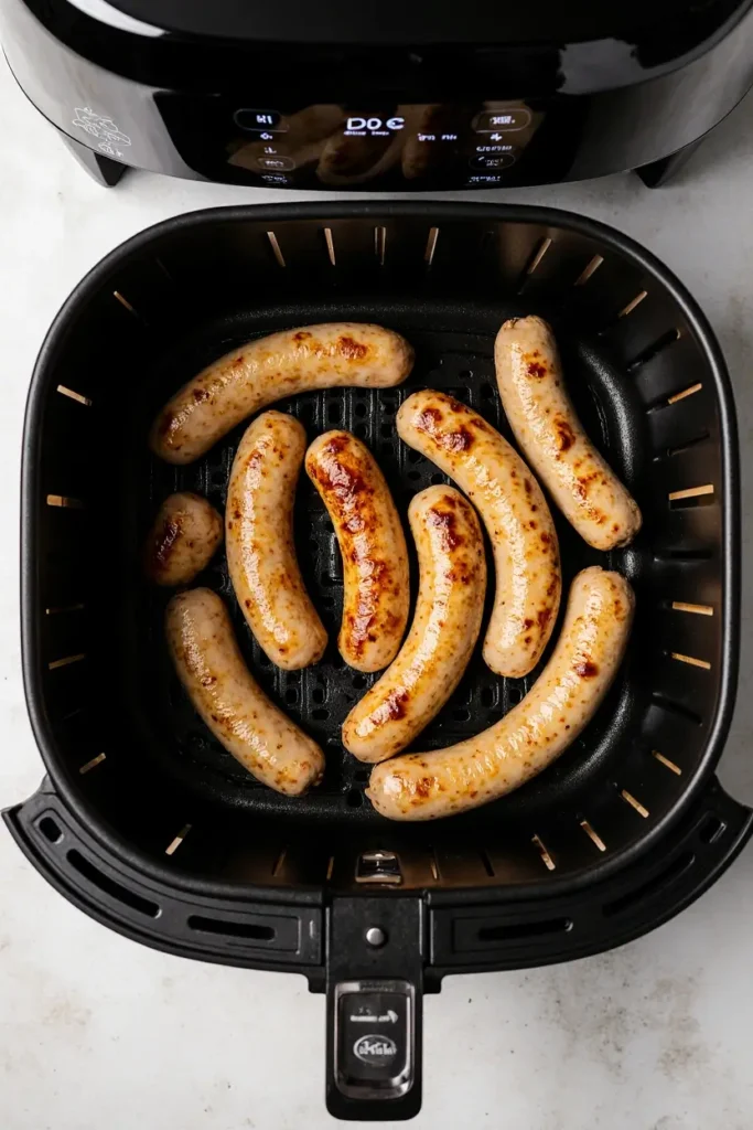 A top-down photorealistic view of chicken sausages cooking in a single layer inside an air fryer basket, turning golden-brown.