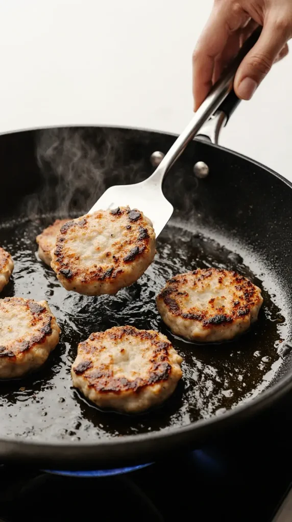 Photorealistic image of golden-brown chicken sausage patties sizzling in a non-stick skillet as one is being flipped with a spatula.
