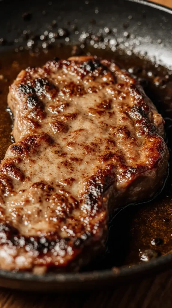 A close-up, photorealistic shot of a thick steak being pan-seared to create a crispy crust.