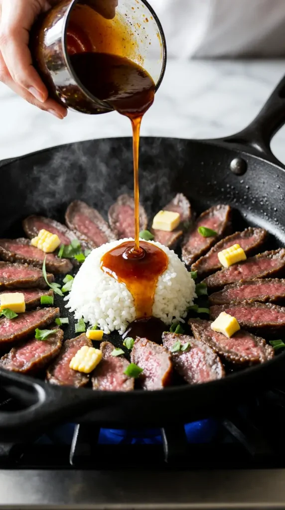Action shot of honey garlic soy sauce being poured over raw beef and rice sizzling in a hot cast-iron skillet.