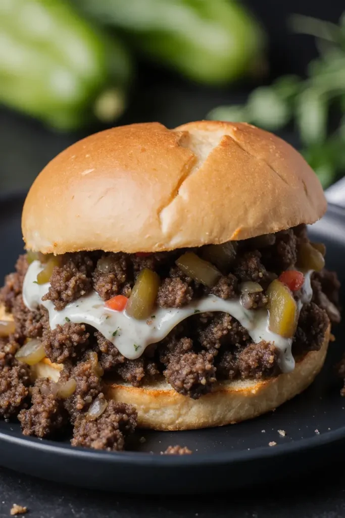 A photorealistic action shot of a cheesy beef mixture being spooned from a skillet onto a hoagie bun to make a Philly Cheesesteak Sloppy Joe.

