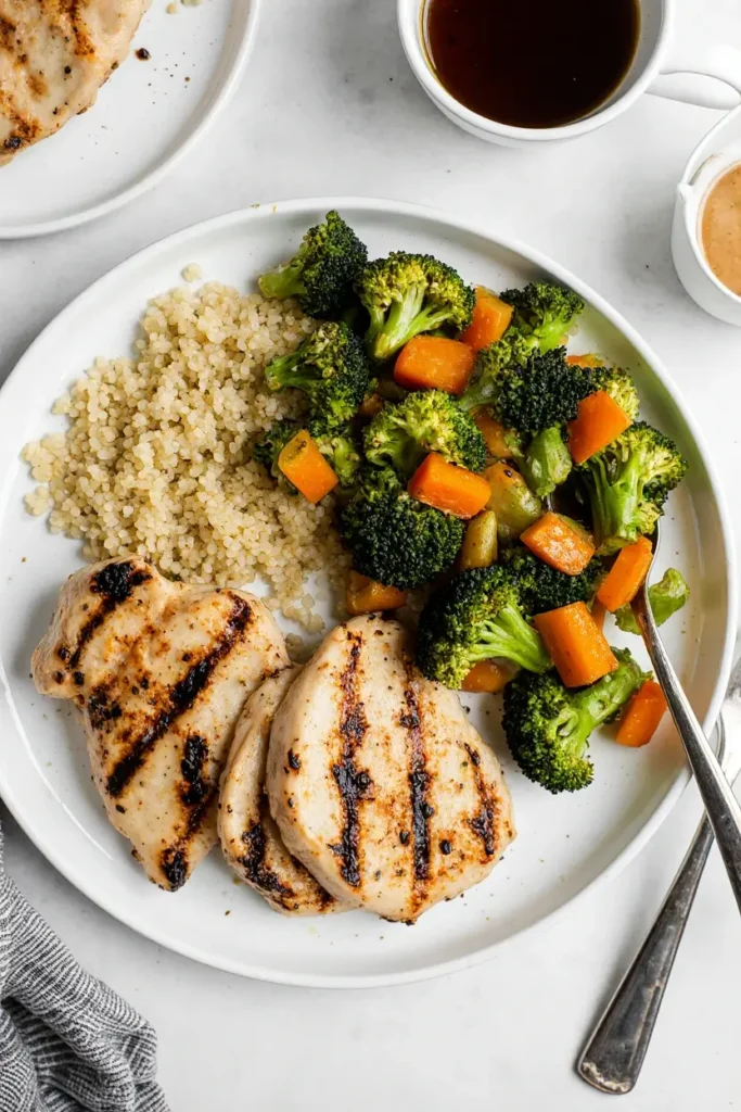 A top-down photo of a plate showing a balanced meal with grilled chicken, quinoa, and a mix of broccoli and carrots.
