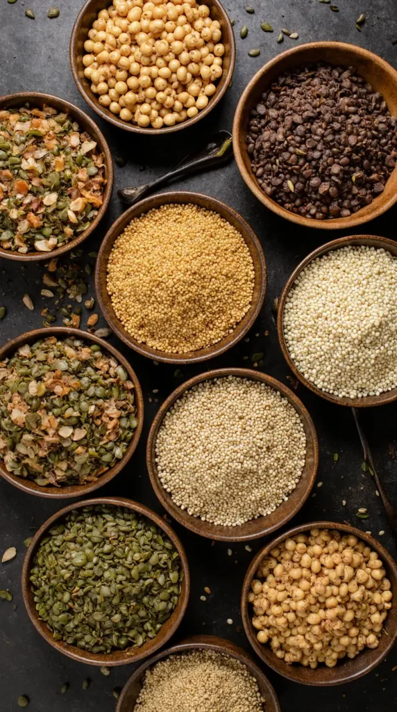  A variety of legumes and whole grains including lentils, chickpeas, bulgur, and farro displayed in rustic bowls.