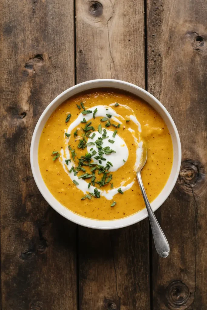 A cozy, vertical shot of a bowl of butternut squash soup garnished with cream, set on a rustic table.