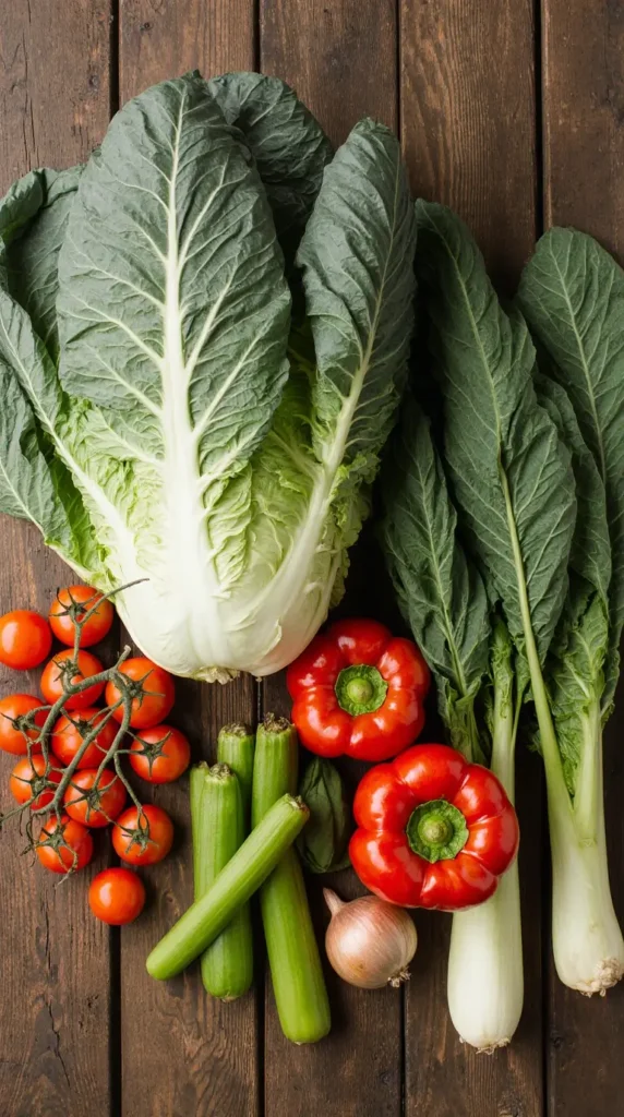 Fresh vegetables for cabbage soup—cabbage, bell peppers, celery, tomatoes, and onions—on a wooden surface.
