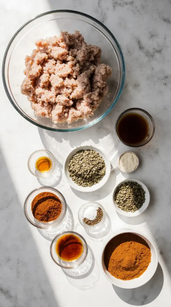 A photorealistic flat lay of ingredients for chicken sausage, including ground chicken, maple syrup, and various spices.