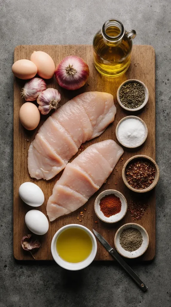A flat-lay of ingredients for a chicken and egg skillet, including cubed chicken, eggs, onion, and spices.