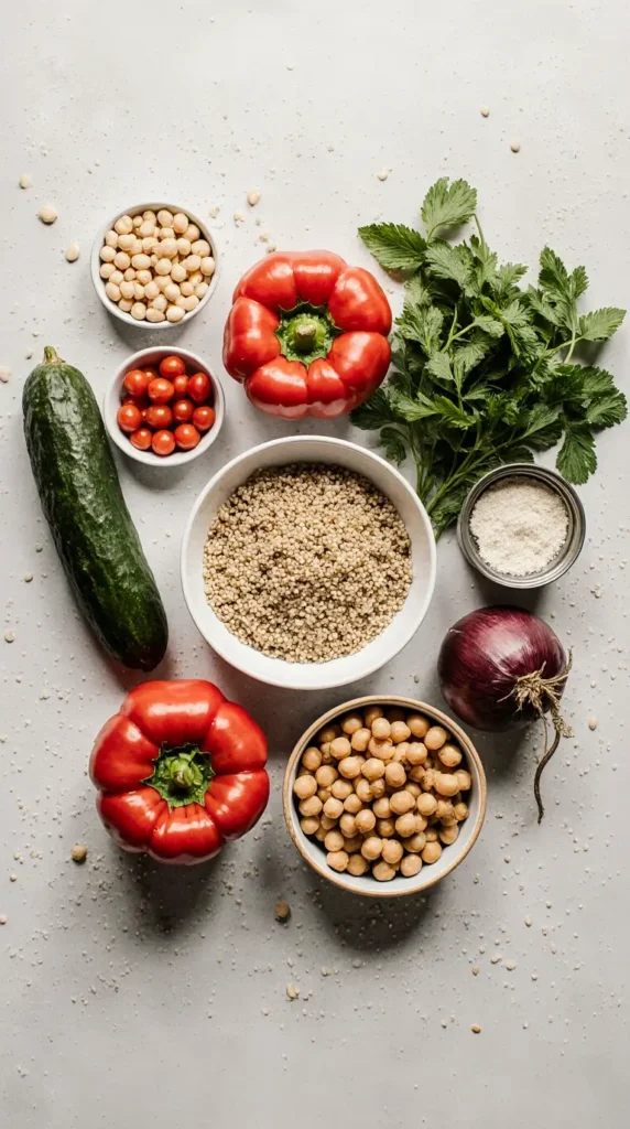 A flat lay of fresh ingredients for a Mediterranean quinoa salad, including quinoa, cucumber, tomatoes, and herbs.