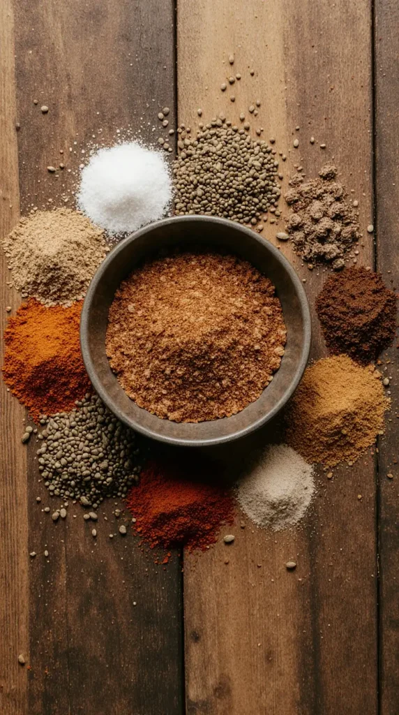 jimmy dean breakfast sausage seasoning recipe A photorealistic flat lay of spices for sausage seasoning, including sage, pepper, and thyme, arranged around a small white bowl on a rustic wooden surface.