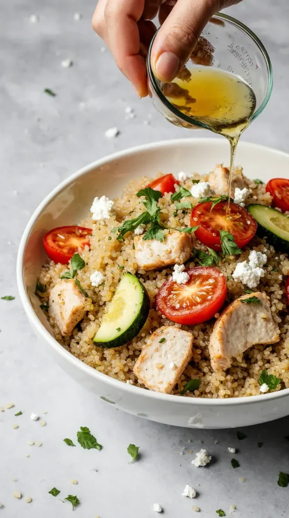 A close-up of a lemon herb chicken and quinoa bowl, showing diced chicken, cherry tomatoes, cucumbers, and feta cheese, with a dressing being drizzled on top.