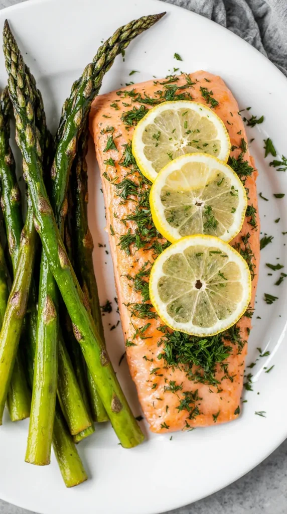 A close-up, photorealistic image of a lemon-herb roasted salmon fillet next to roasted asparagus spears on a white plate.